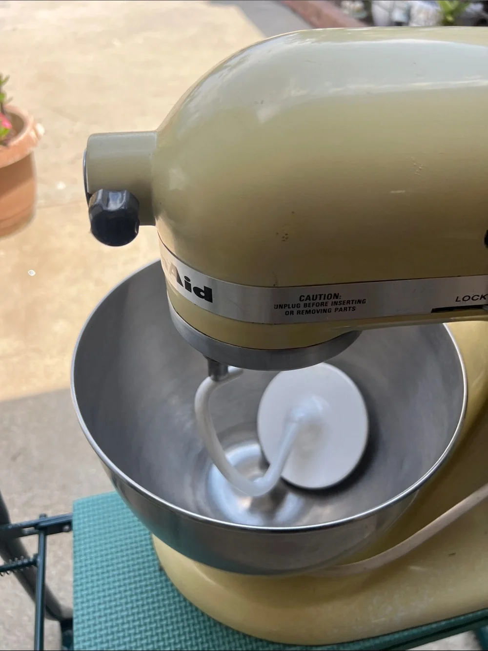Vintage KitchenAid Tilt-Head Stand Mixer in Pale Yellow with Stainless Bowl